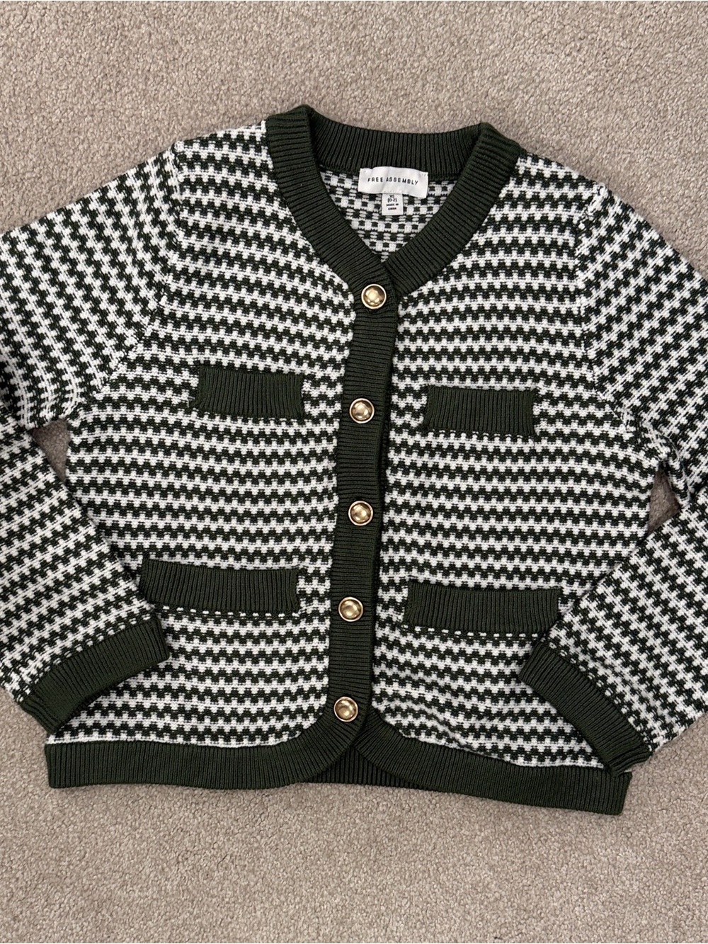 Olive Houndstooth Knit Cardigan with Gold Buttons